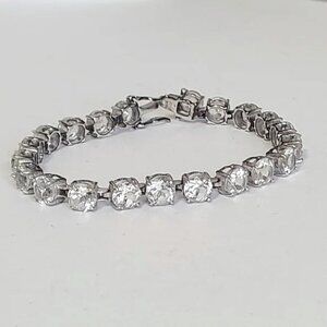 Vintage Boho Sterling Silver Chunky Round Crystal Chain Link Tennis Bracelet